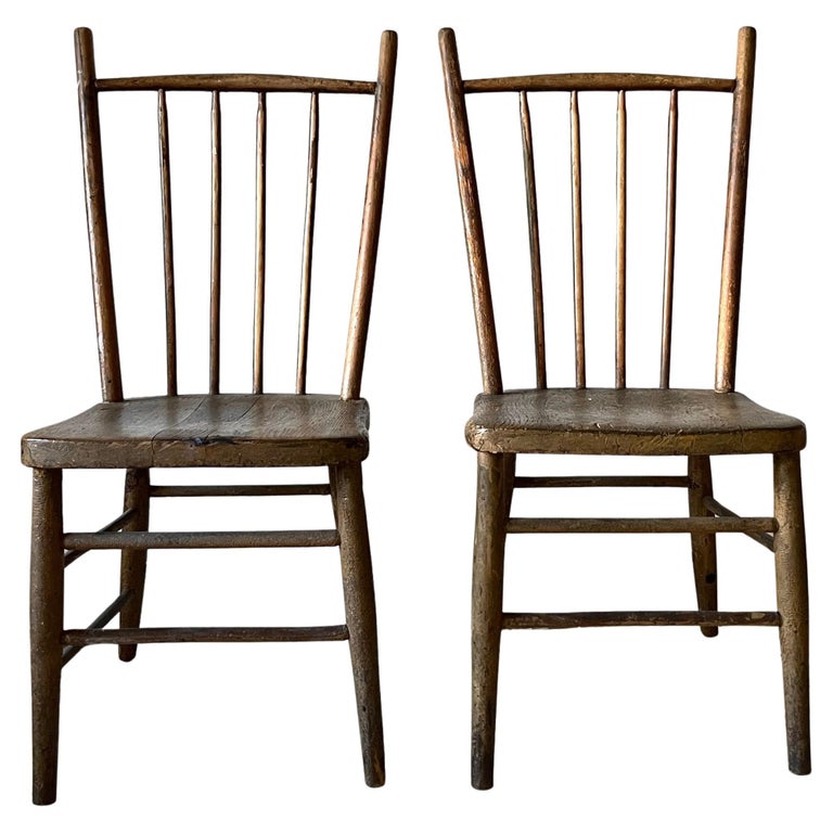 Pair Primitive American Antique 19th Century Spindle Back Wood Chairs