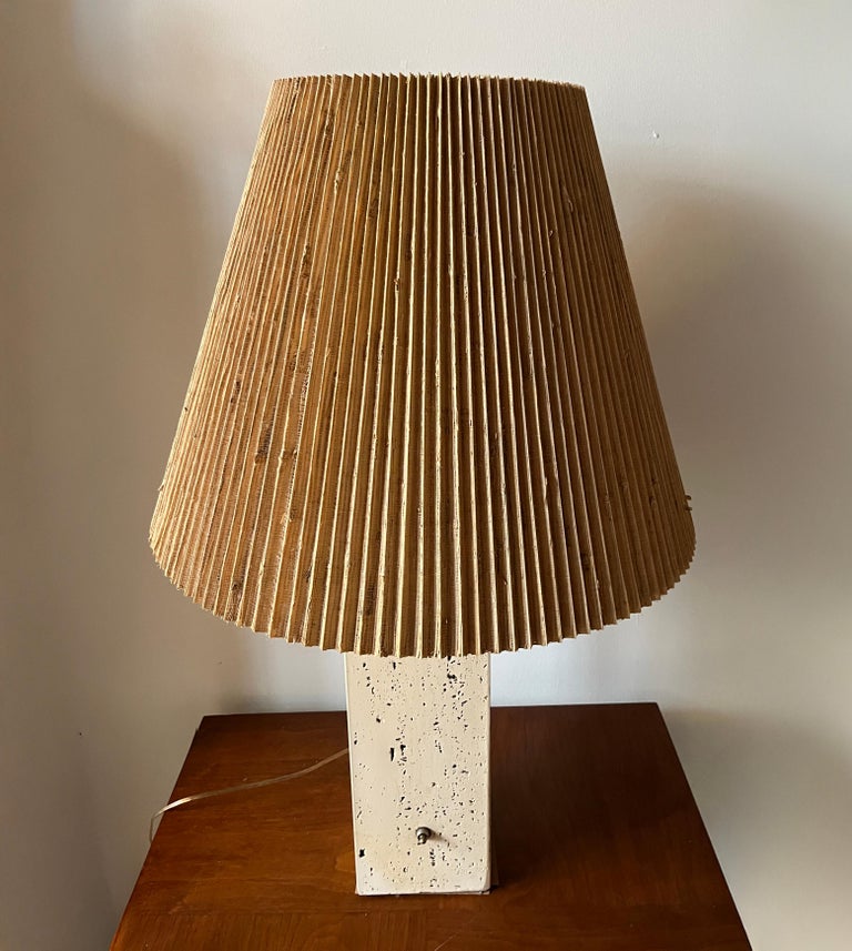 Post-modern Tall Travertine Column Table Lamp with Original Pleated Sisal Shade