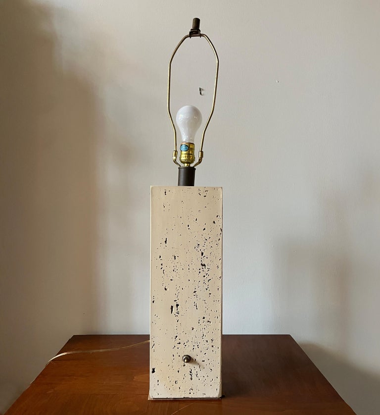 Post-modern Tall Travertine Column Table Lamp with Original Pleated Sisal Shade