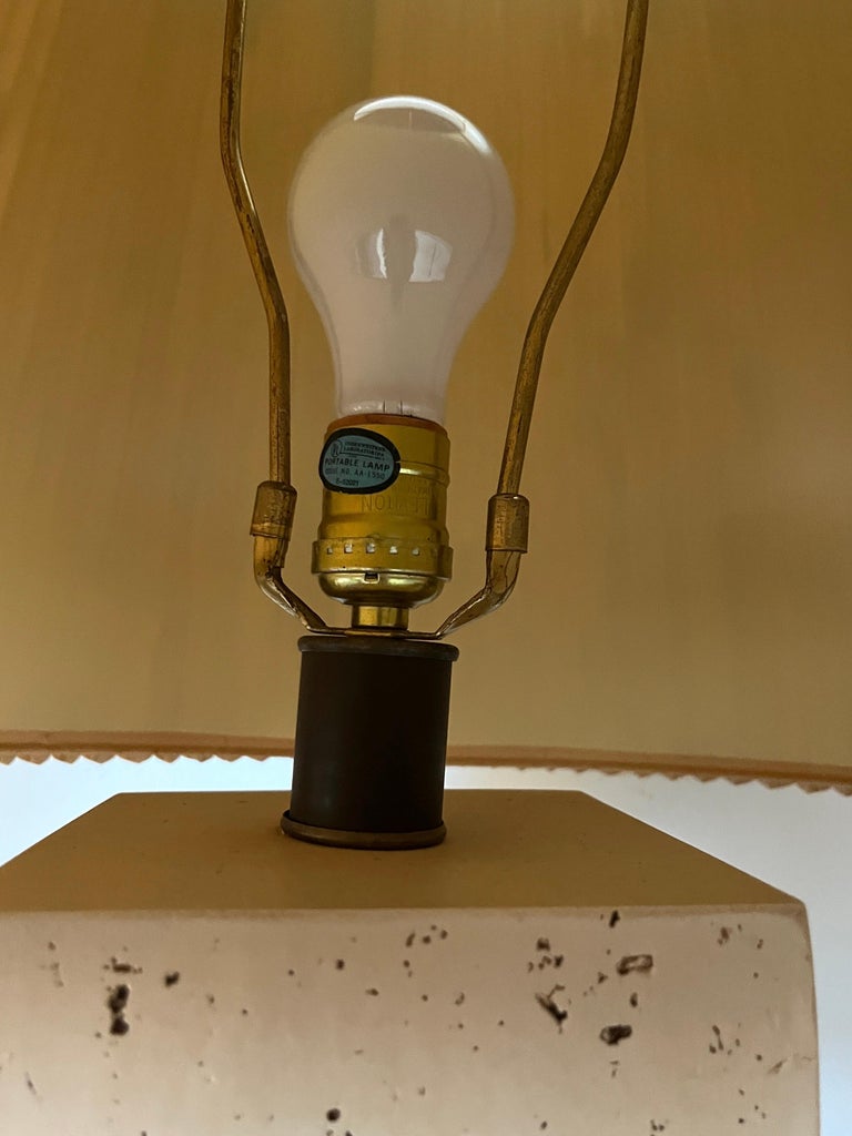 Post-modern Tall Travertine Column Table Lamp with Original Pleated Sisal Shade
