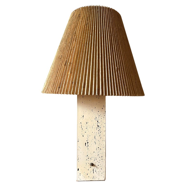 Post-modern Tall Travertine Column Table Lamp with Original Pleated Sisal Shade