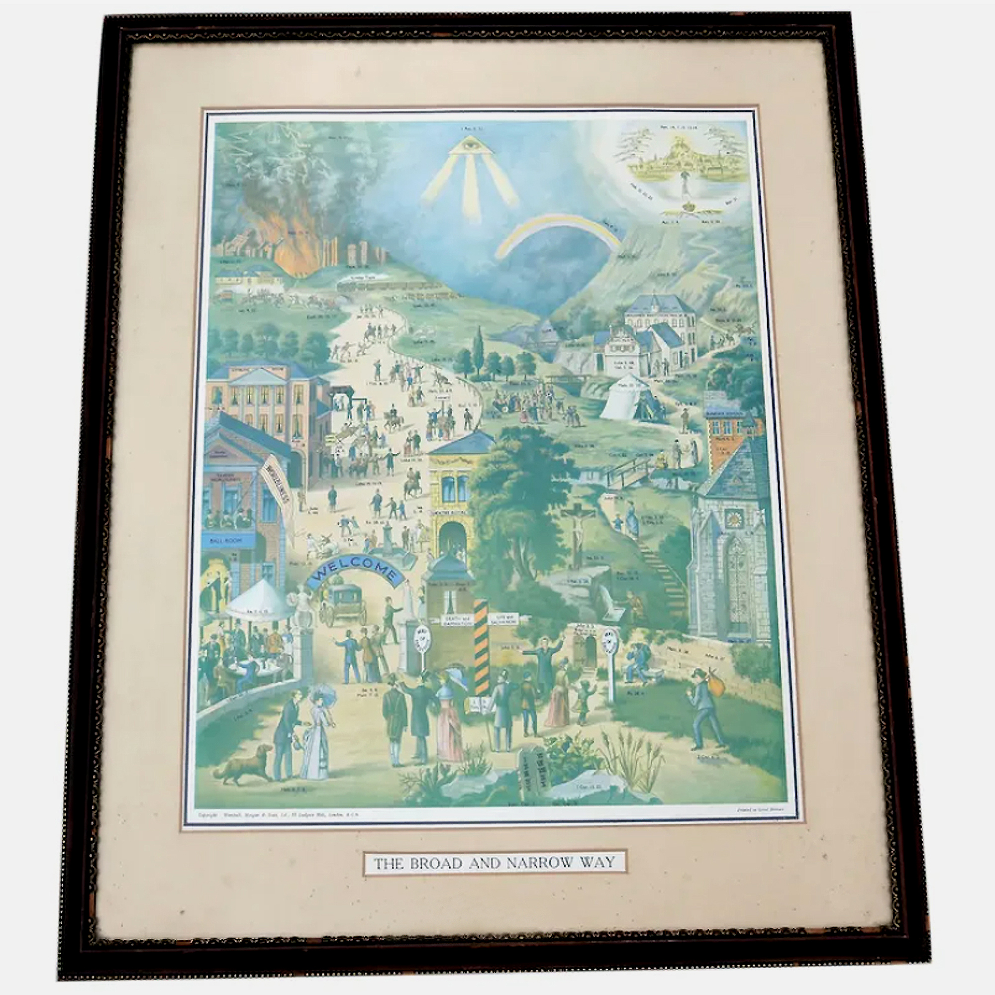 A very large antique coloured print The Broad & Narrow Way 70cm X 56cm C.19thC