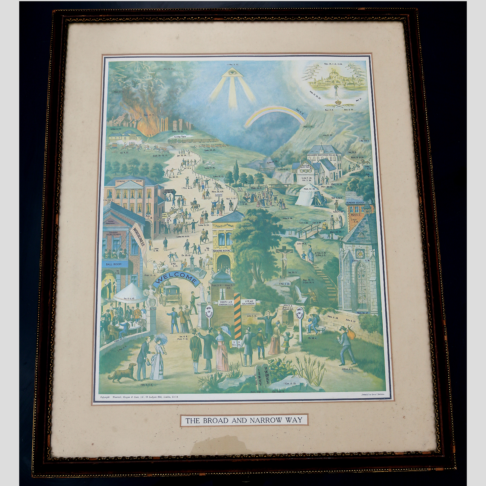 A very large antique coloured print The Broad & Narrow Way 70cm X 56cm C.19thC