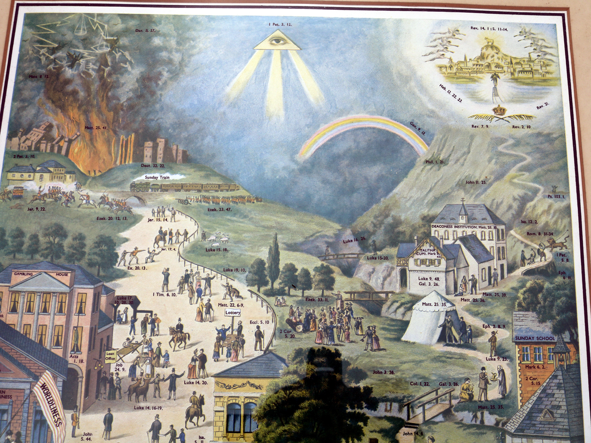 A very large antique coloured print The Broad & Narrow Way 70cm X 56cm C.19thC