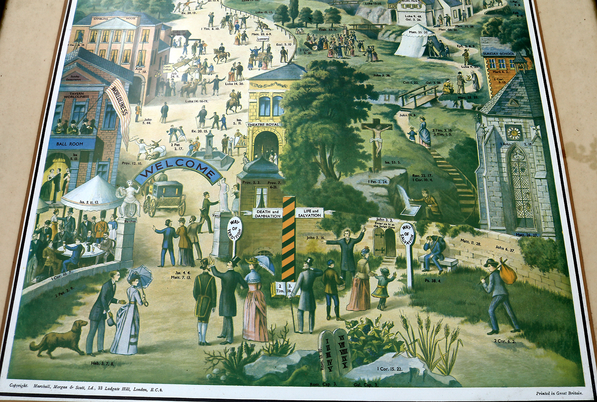 A very large antique coloured print The Broad & Narrow Way 70cm X 56cm C.19thC