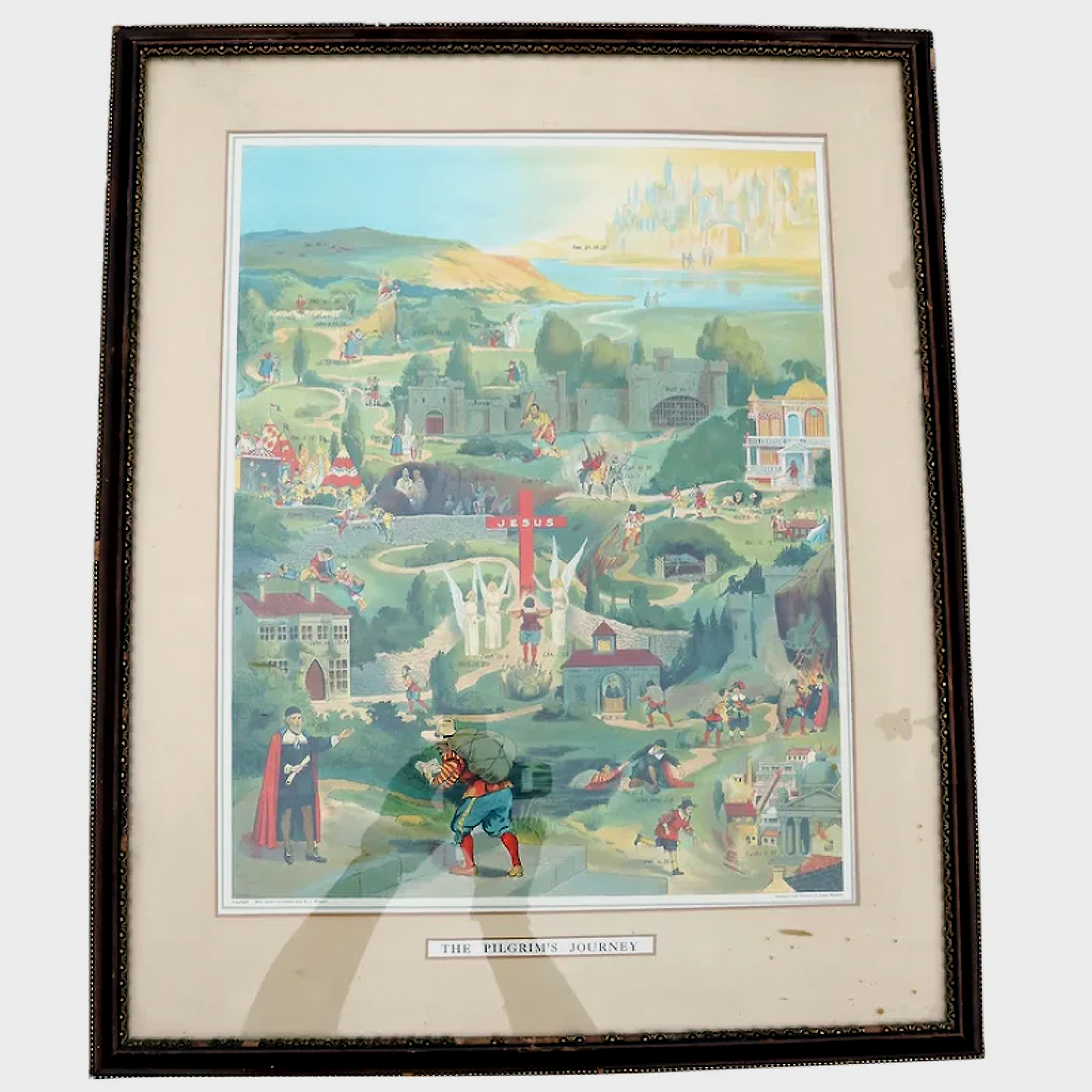 A very large antique coloured print The Pilgrim's Journey 70cm X 56cm C.19thC