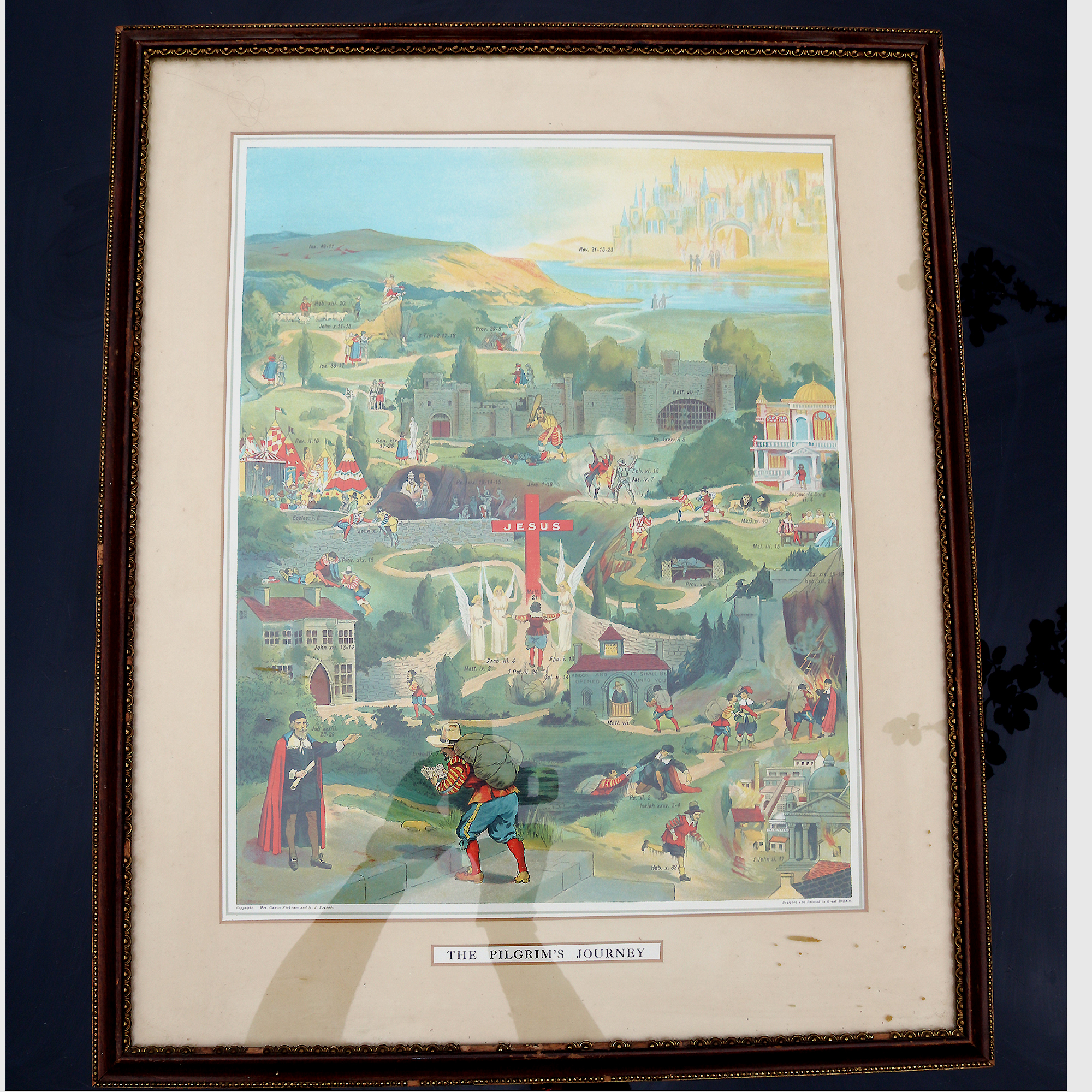 A very large antique coloured print The Pilgrim's Journey 70cm X 56cm C.19thC