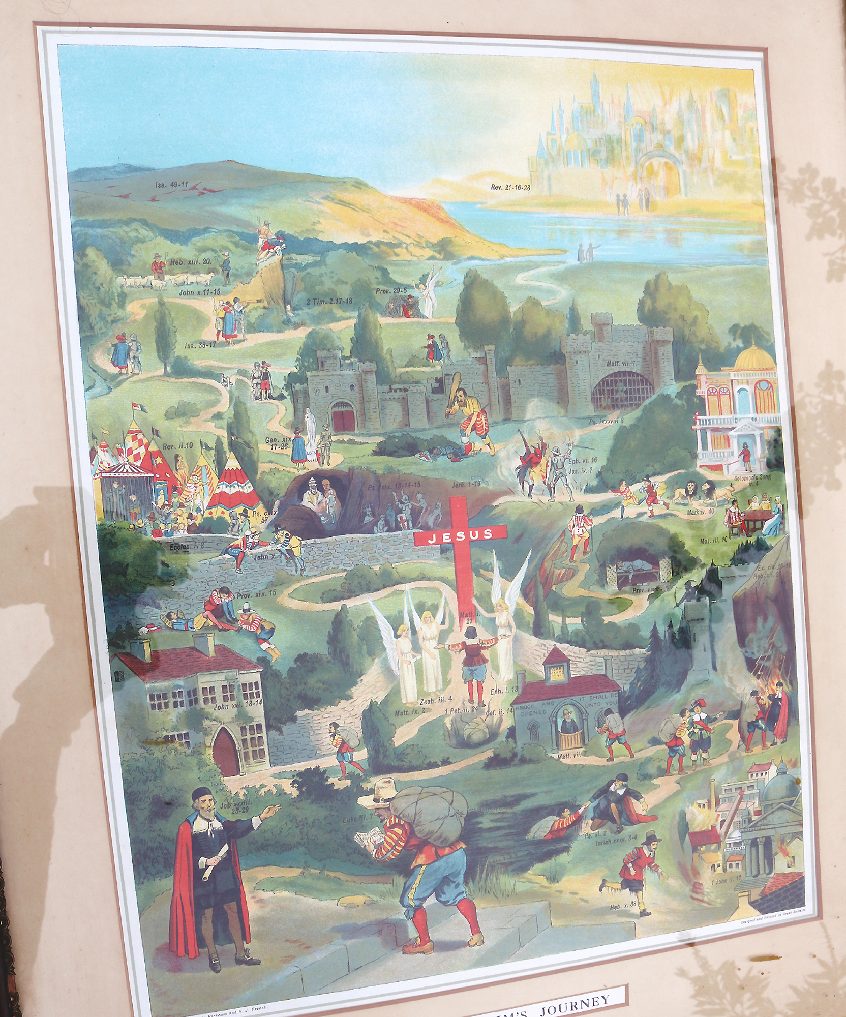 A very large antique coloured print The Pilgrim's Journey 70cm X 56cm C.19thC
