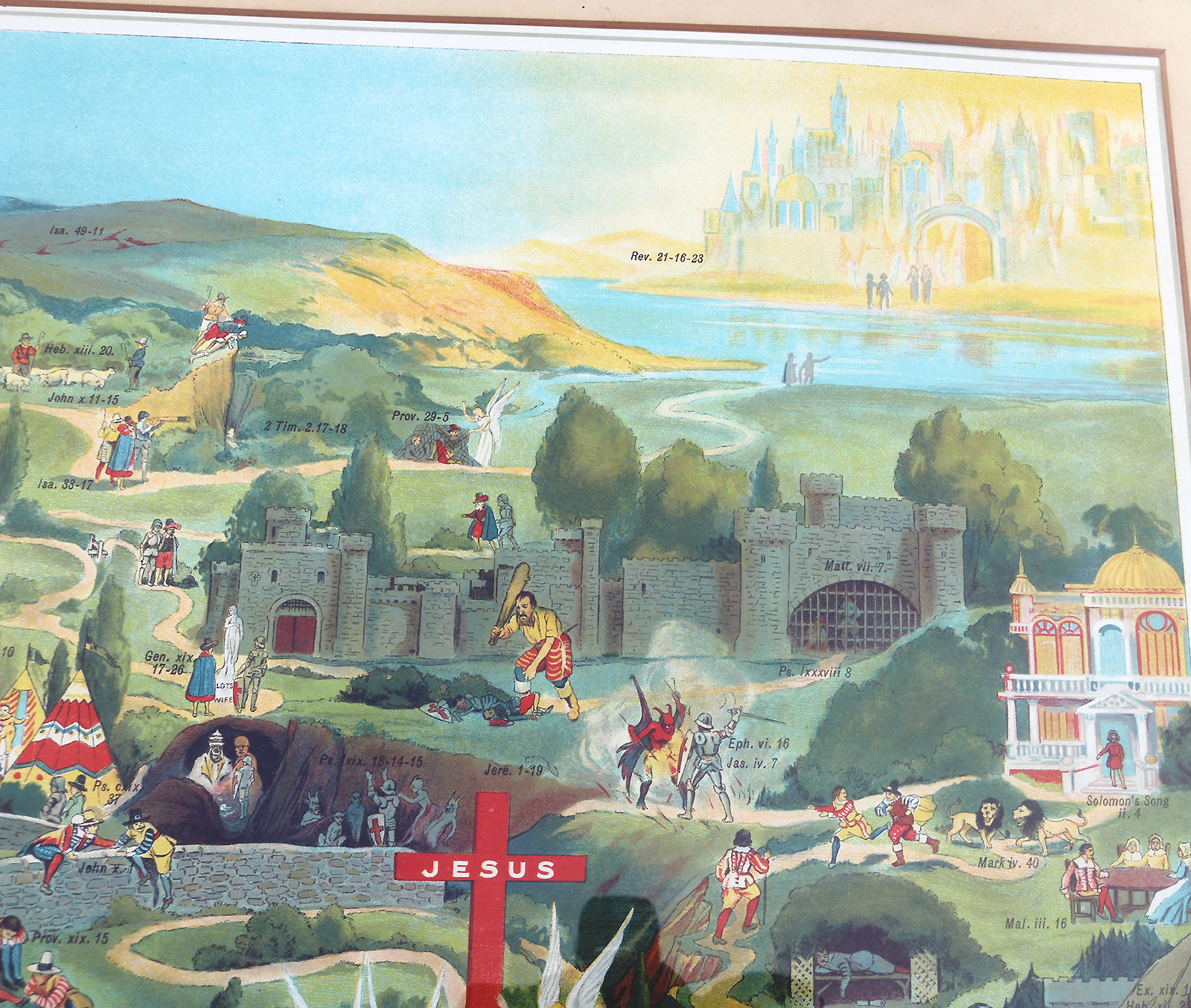 A very large antique coloured print The Pilgrim's Journey 70cm X 56cm C.19thC