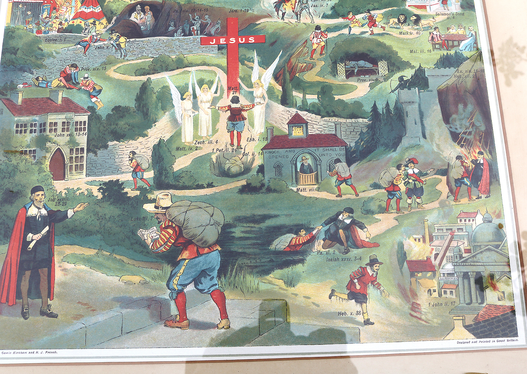 A very large antique coloured print The Pilgrim's Journey 70cm X 56cm C.19thC