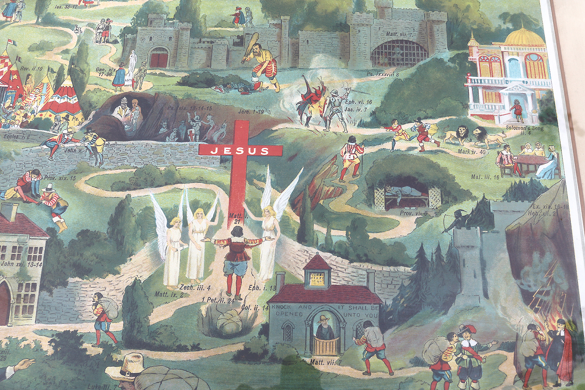 A very large antique coloured print The Pilgrim's Journey 70cm X 56cm C.19thC