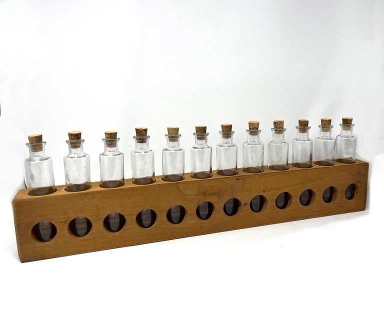 Primitive Rustic Handmade Wood Spice Rack with Glass Bottles, Wall Mount