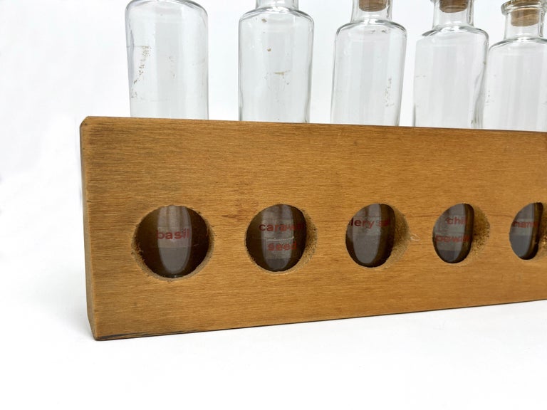 Primitive Rustic Handmade Wood Spice Rack with Glass Bottles, Wall Mount