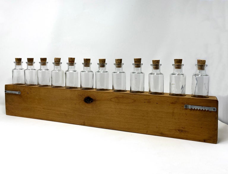 Primitive Rustic Handmade Wood Spice Rack with Glass Bottles, Wall Mount