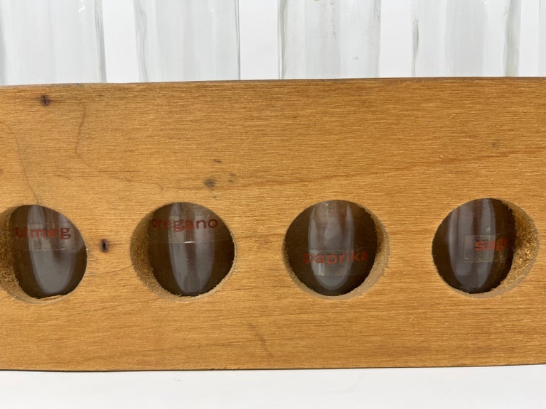 Primitive Rustic Handmade Wood Spice Rack with Glass Bottles, Wall Mount