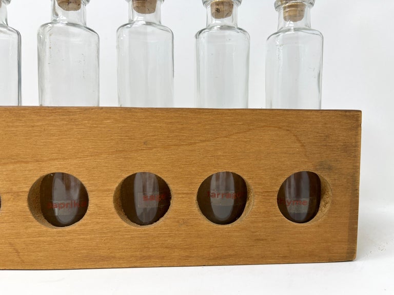 Primitive Rustic Handmade Wood Spice Rack with Glass Bottles, Wall Mount