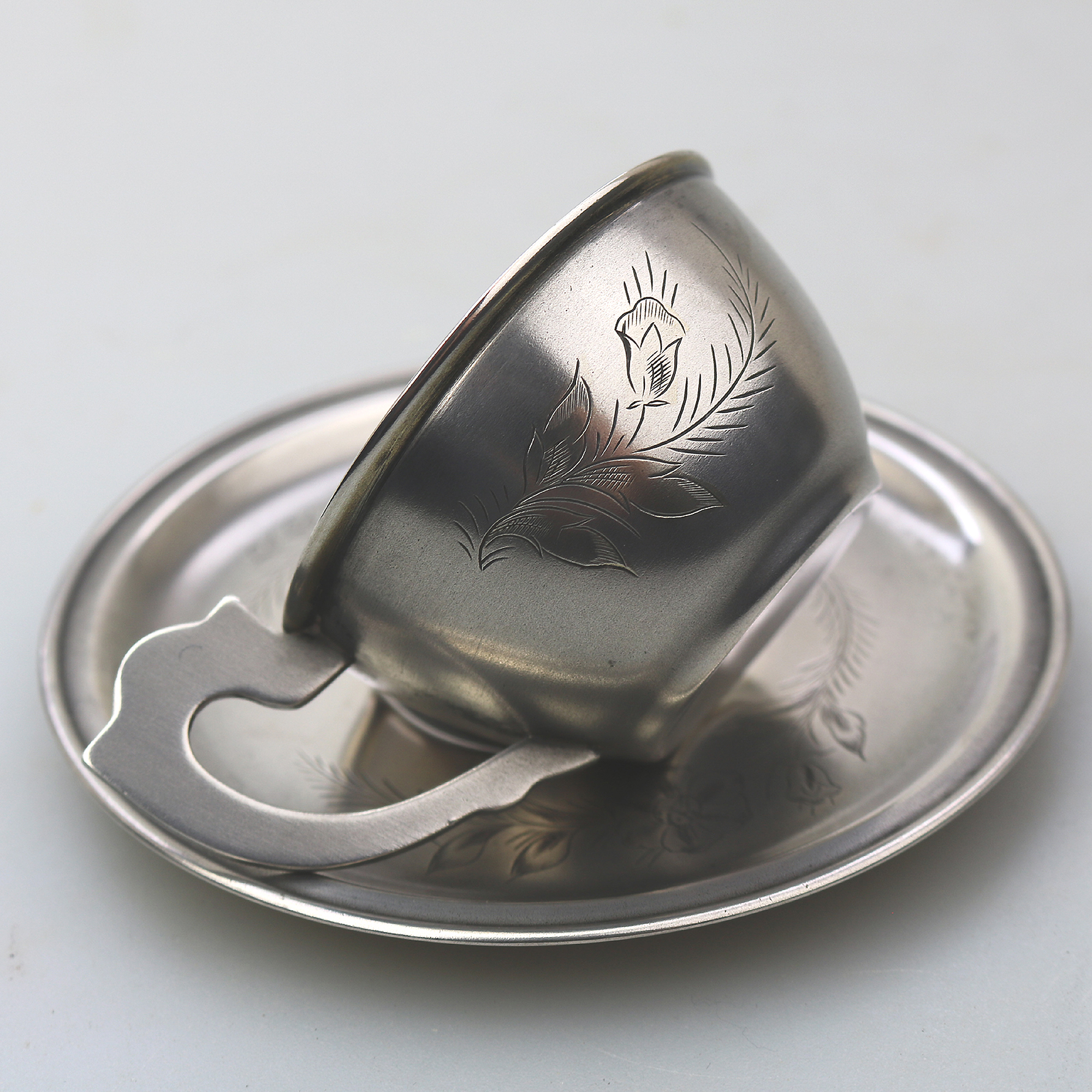 A Russian Soviet Cold War Era 875 solid silver Teacup & Saucer 100g C.1950's+