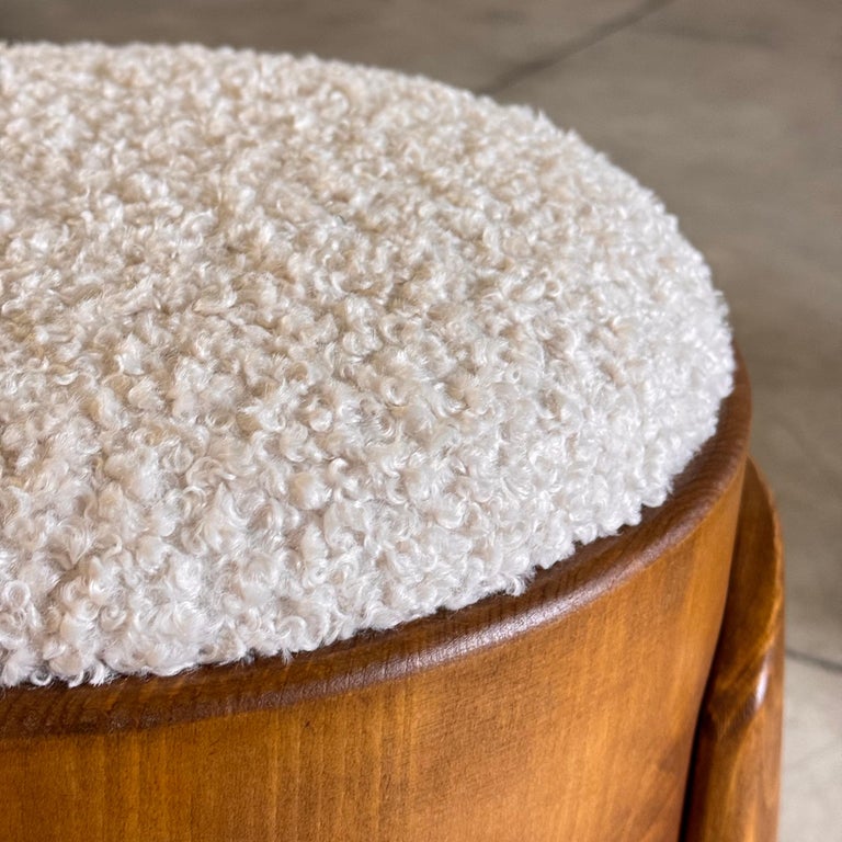 Sculptural Pair of Wooden Stools with Luxurious Poodle Fur Upholster by FORME