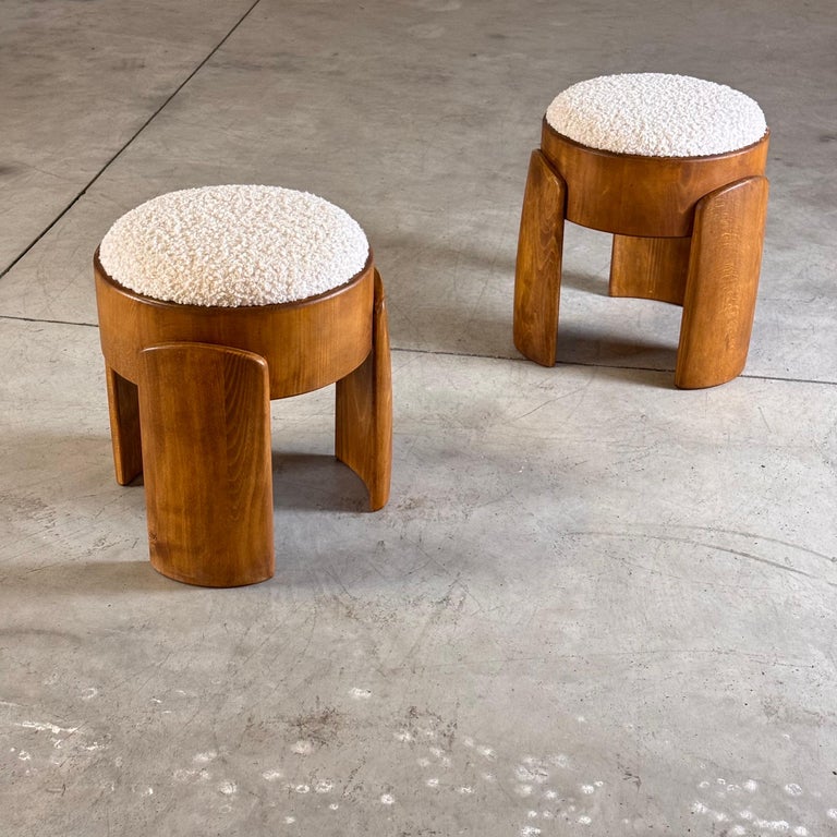 Sculptural Pair of Wooden Stools with Luxurious Poodle Fur Upholster by FORME