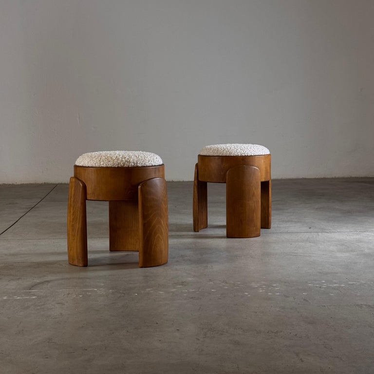 Sculptural Pair of Wooden Stools with Luxurious Poodle Fur Upholster by FORME