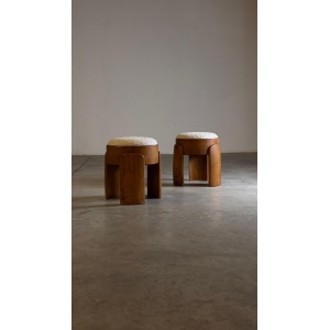 Sculptural Pair of Wooden Stools with Luxurious Poodle Fur Upholster by FORME
