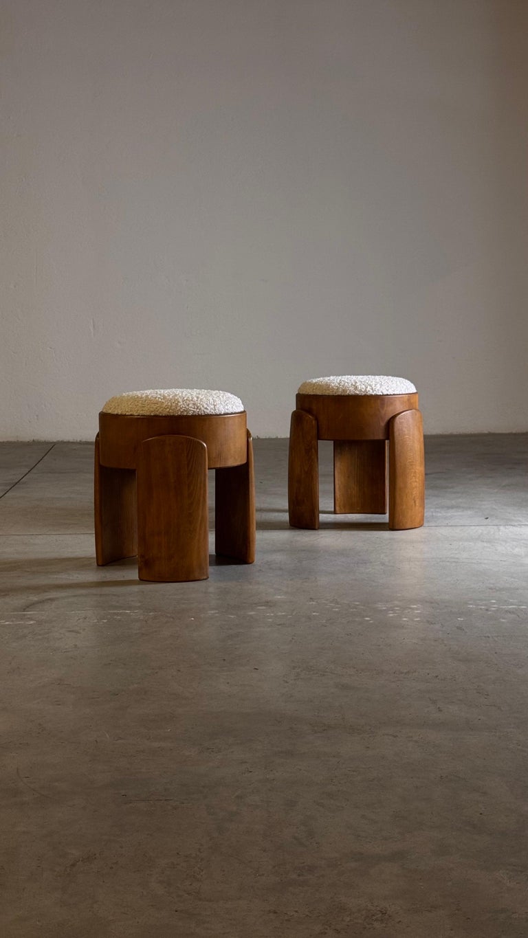 Sculptural Pair of Wooden Stools with Luxurious Poodle Fur Upholster by FORME