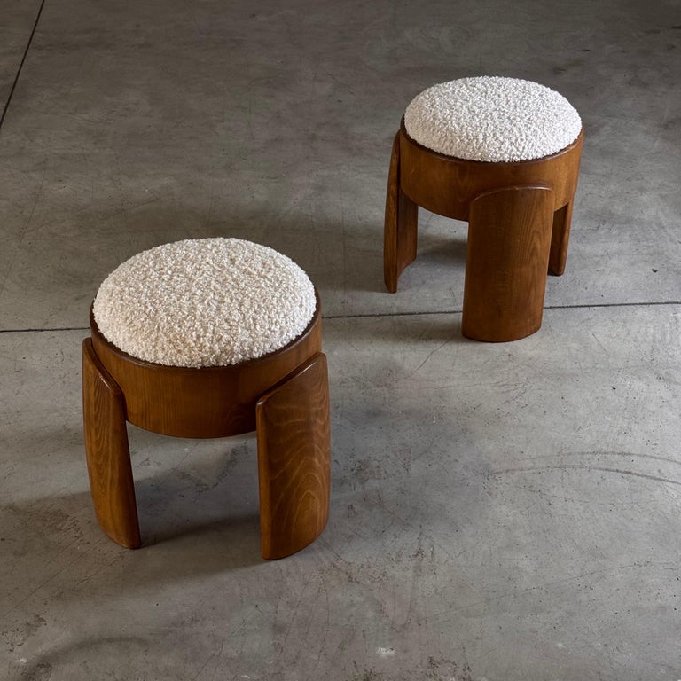 Sculptural Pair of Wooden Stools with Luxurious Poodle Fur Upholster by FORME