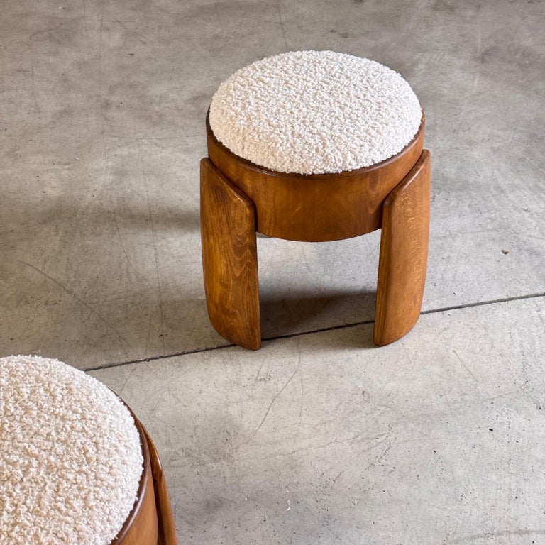 Sculptural Pair of Wooden Stools with Luxurious Poodle Fur Upholster by FORME