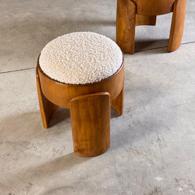 Sculptural Pair of Wooden Stools with Luxurious Poodle Fur Upholster by FORME