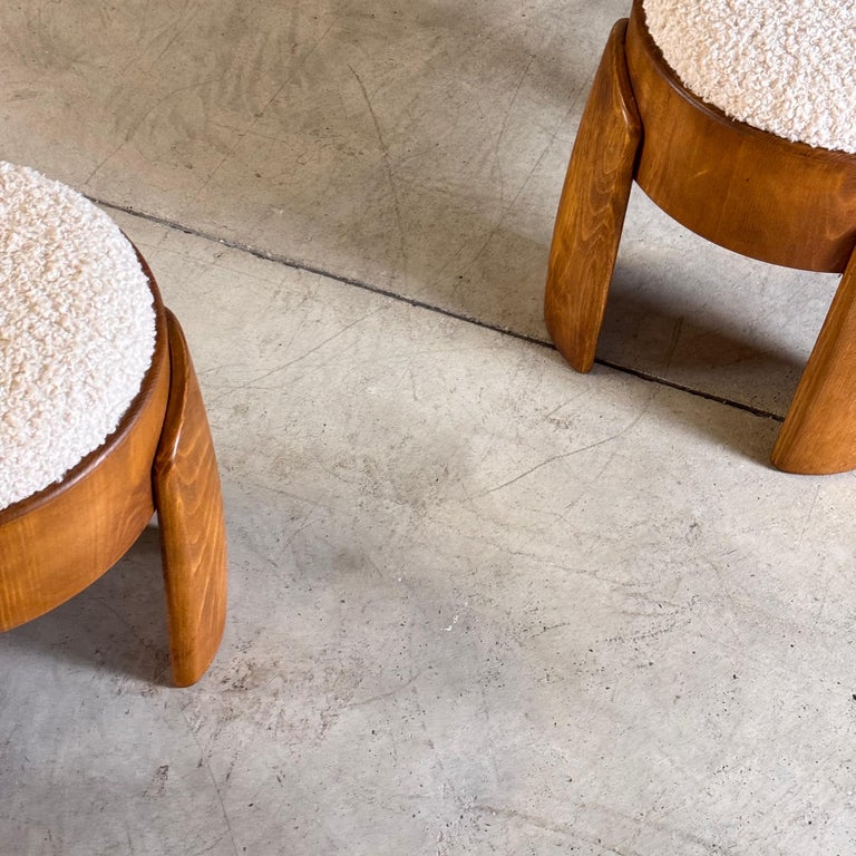 Sculptural Pair of Wooden Stools with Luxurious Poodle Fur Upholster by FORME