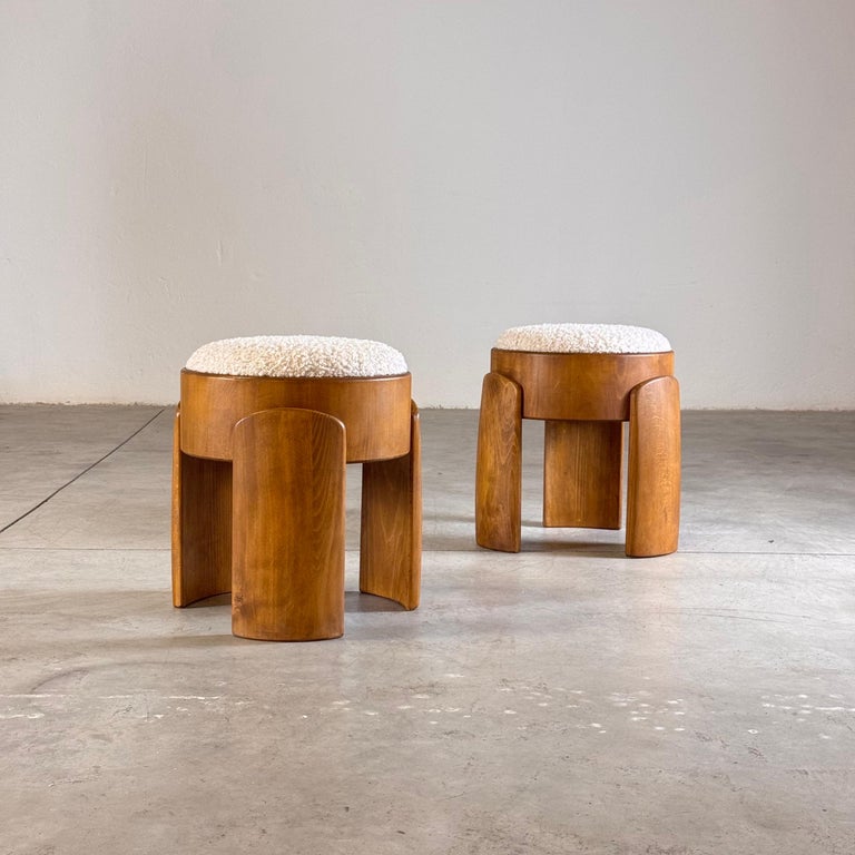 Sculptural Pair of Wooden Stools with Luxurious Poodle Fur Upholster by FORME