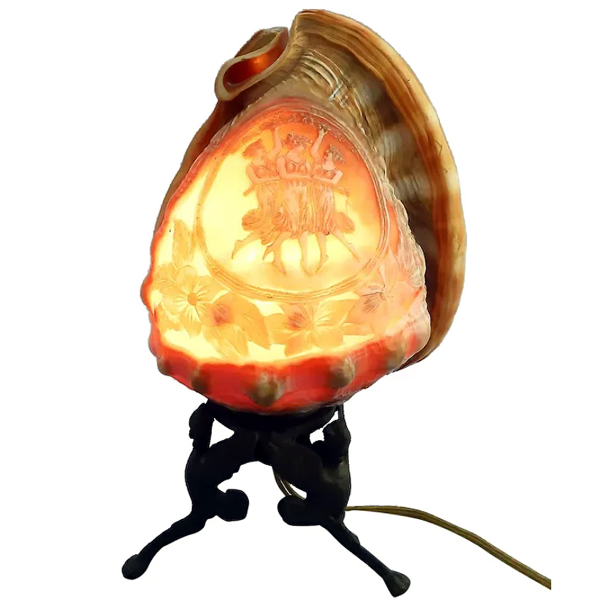 Antique Art Deco Lighting : A fine carved Cameo Conch Shell Table Lamp C.1920's