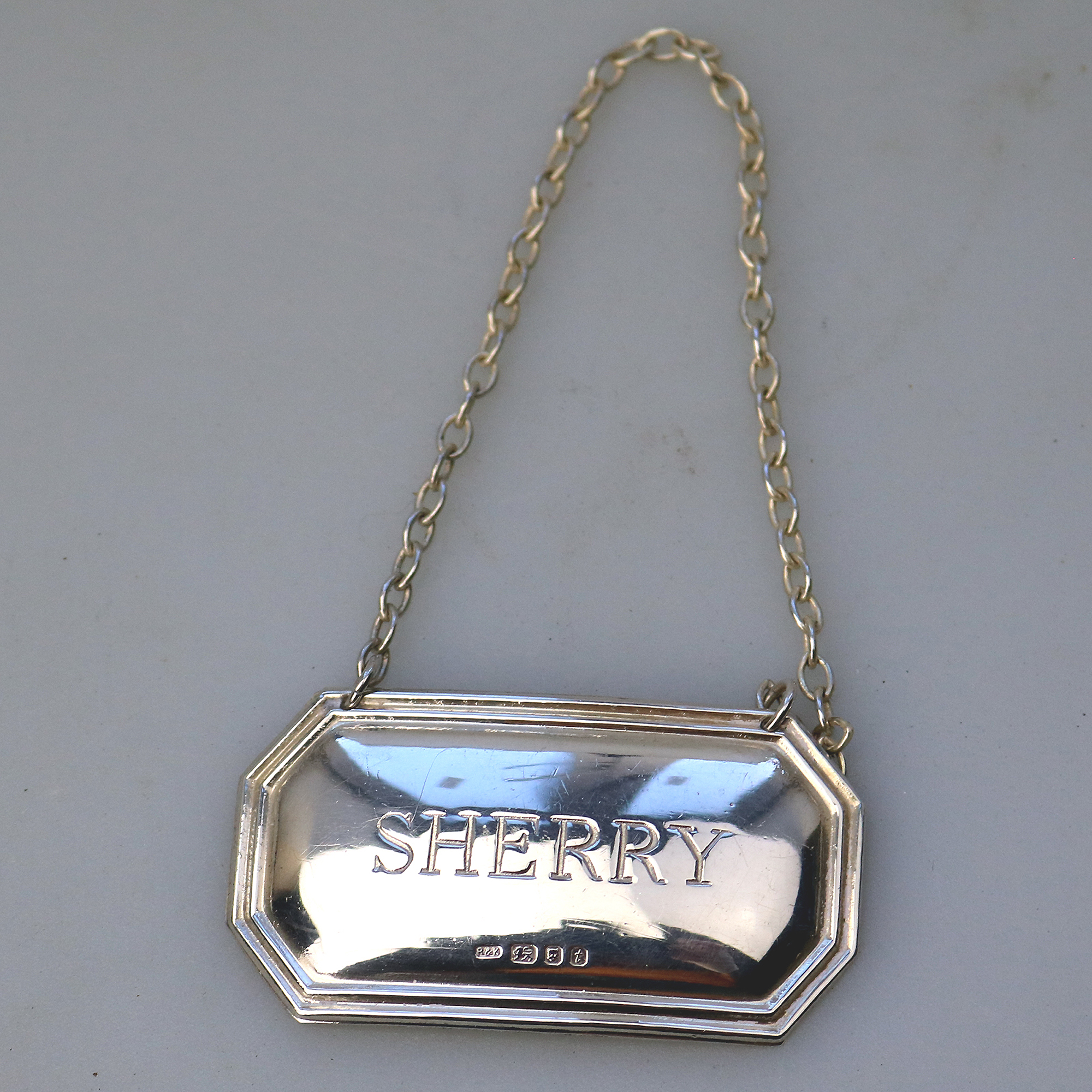 English solid silver Sherry Decanter Label Ticket by Richards & Knight C.1974