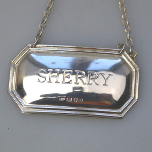 English solid silver Sherry Decanter Label Ticket by Richards & Knight C.1974