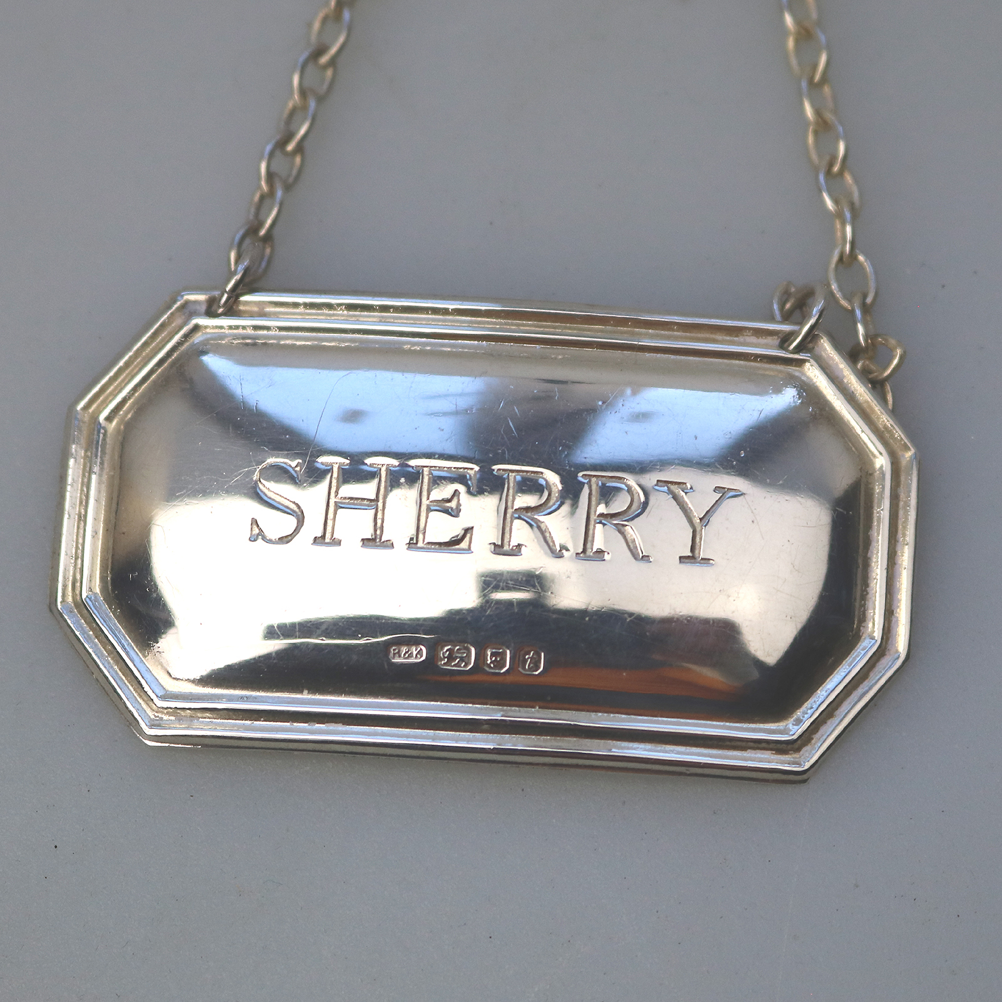 English solid silver Sherry Decanter Label Ticket by Richards & Knight C.1974