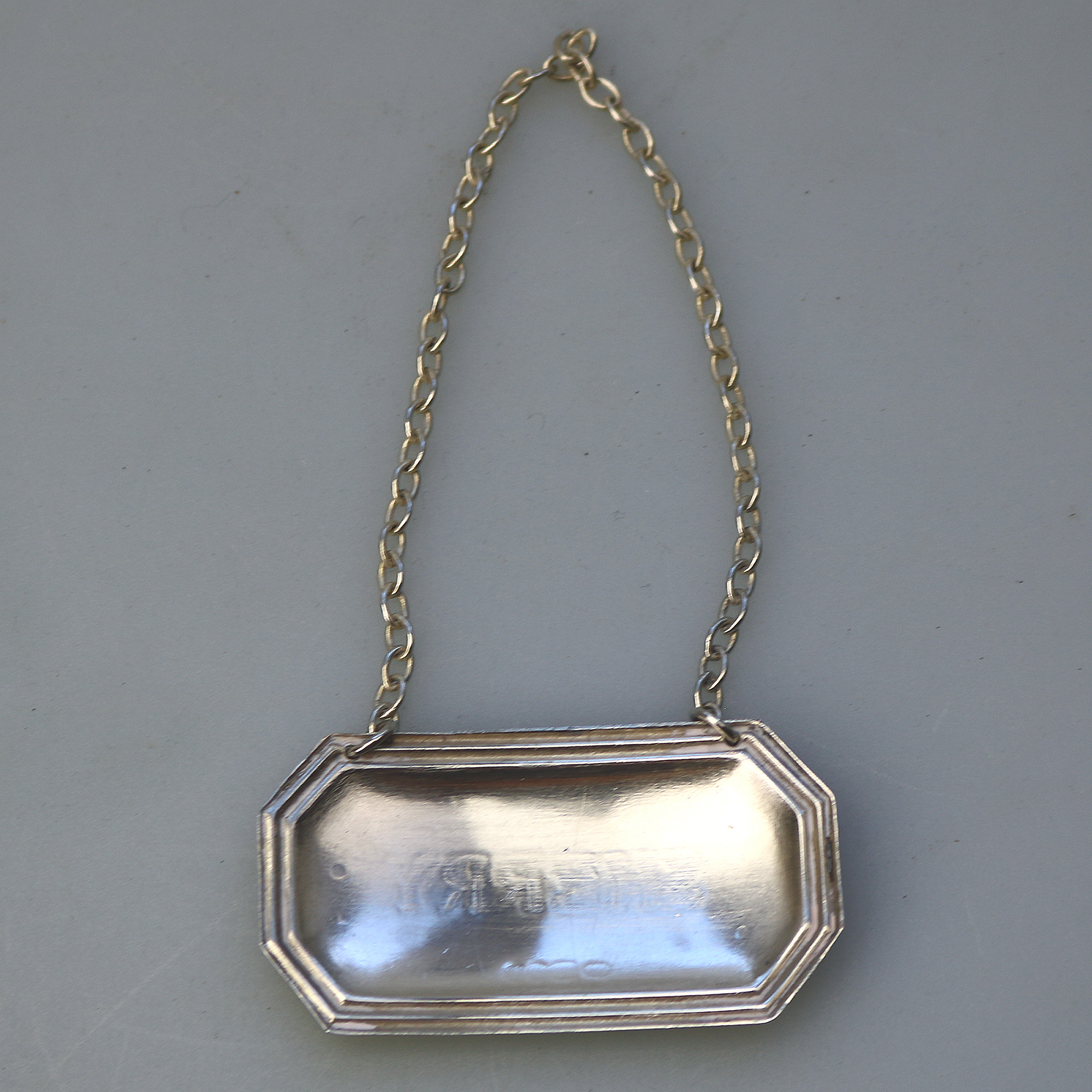 English solid silver Sherry Decanter Label Ticket by Richards & Knight C.1974