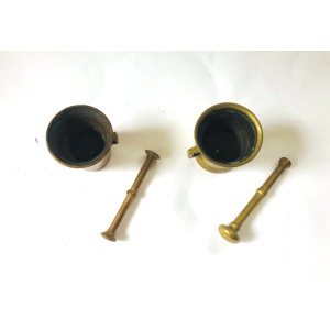 Small Antique 1900s Solid Brass Apothecary Mortars and Pestles - Set of 2
