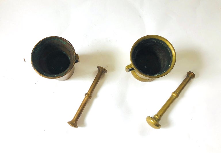 Small Antique 1900s Solid Brass Apothecary Mortars and Pestles - Set of 2