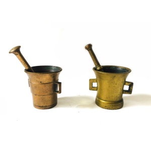 Small Antique 1900s Solid Brass Apothecary Mortars and Pestles - Set of 2