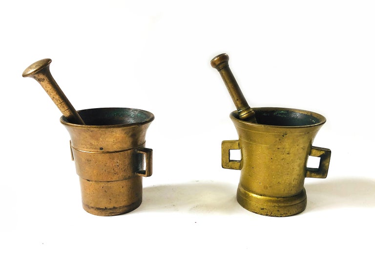 Small Antique 1900s Solid Brass Apothecary Mortars and Pestles - Set of 2