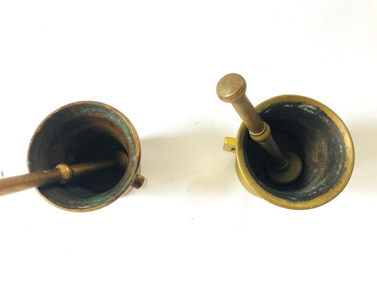 Small Antique 1900s Solid Brass Apothecary Mortars and Pestles - Set of 2