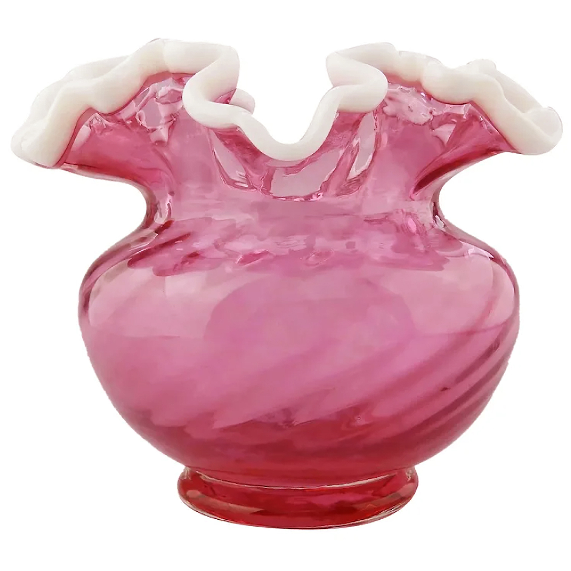 A good Fenton Vintage glass cranberry snow crest vase with frilled rim C.1939+