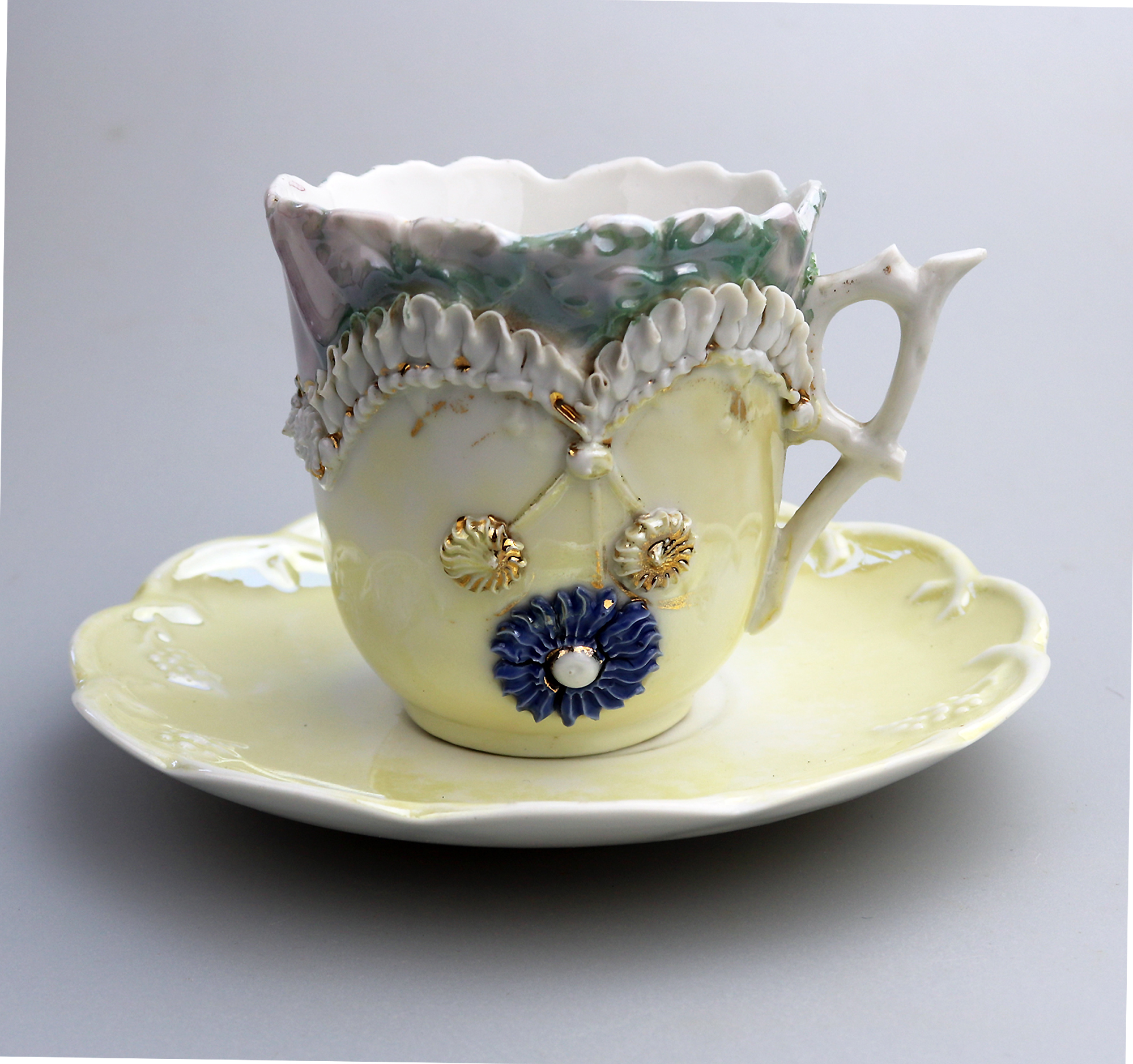 Attractive antique porcelain egg shell lustre Seaside Souvenir Ware Cup & Saucer C.19thC
