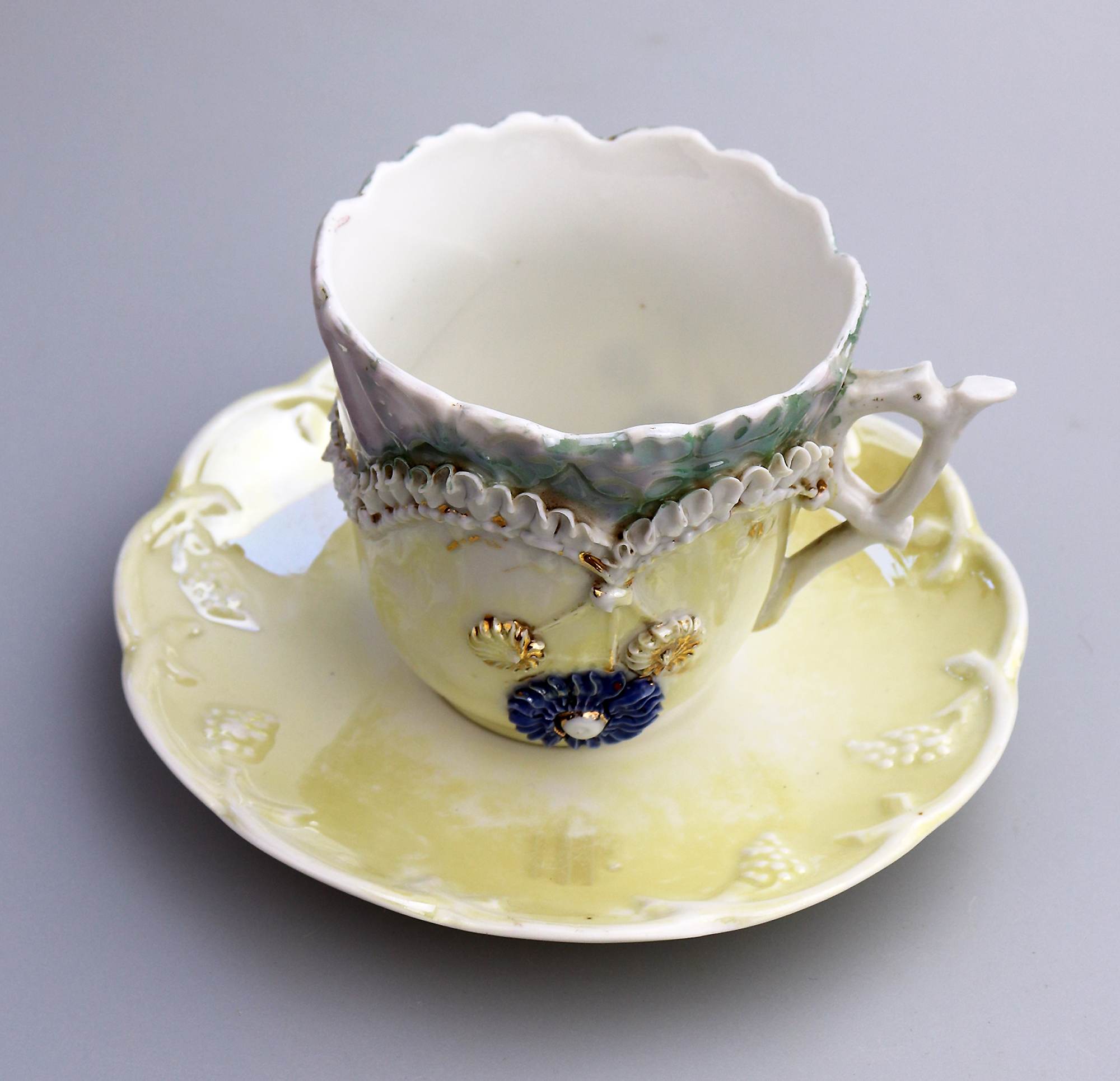 Attractive antique porcelain egg shell lustre Seaside Souvenir Ware Cup & Saucer C.19thC