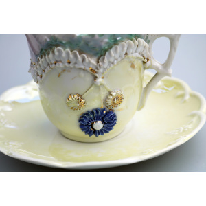 Attractive antique porcelain egg shell lustre Seaside Souvenir Ware Cup & Saucer C.19thC