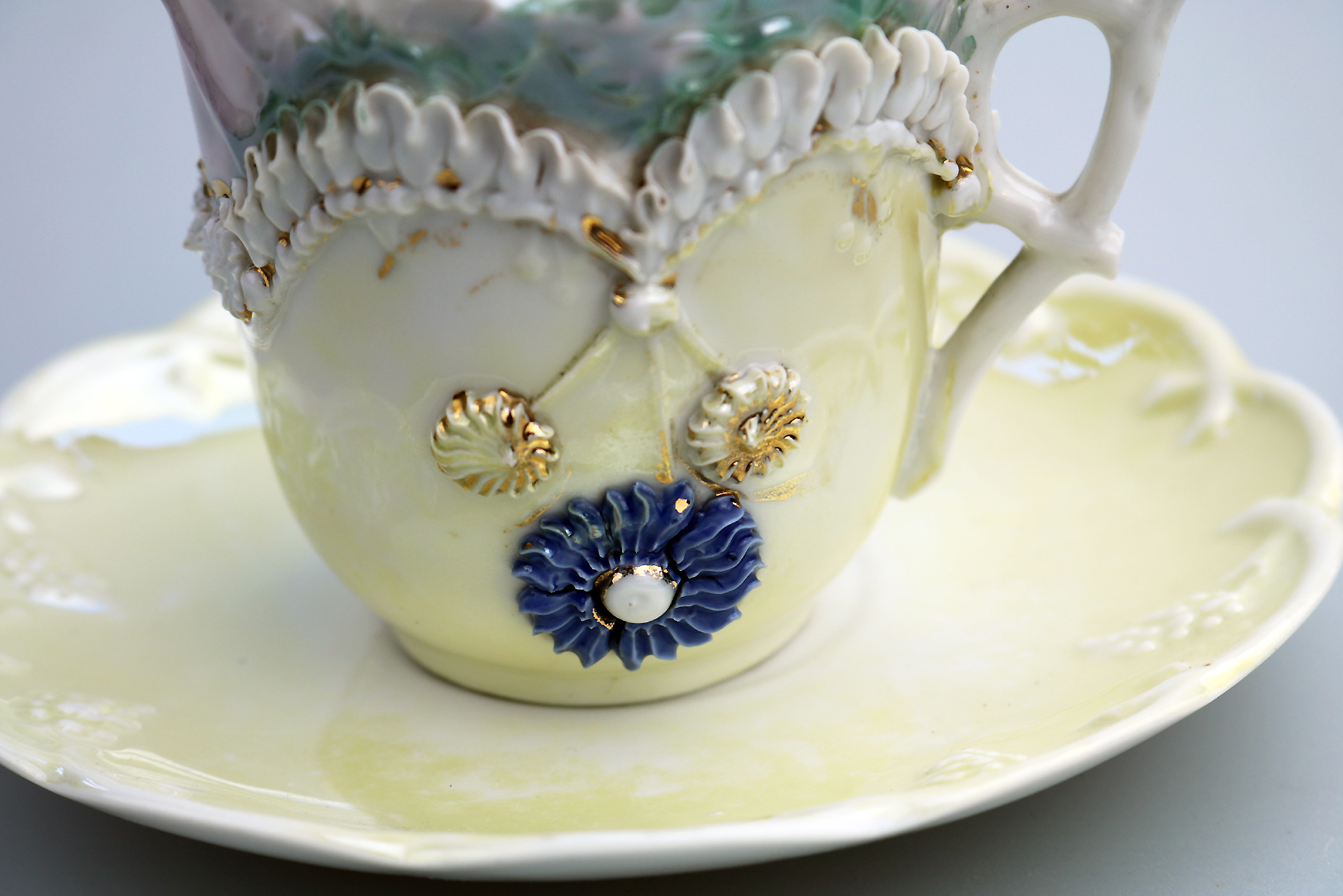 Attractive antique porcelain egg shell lustre Seaside Souvenir Ware Cup & Saucer C.19thC