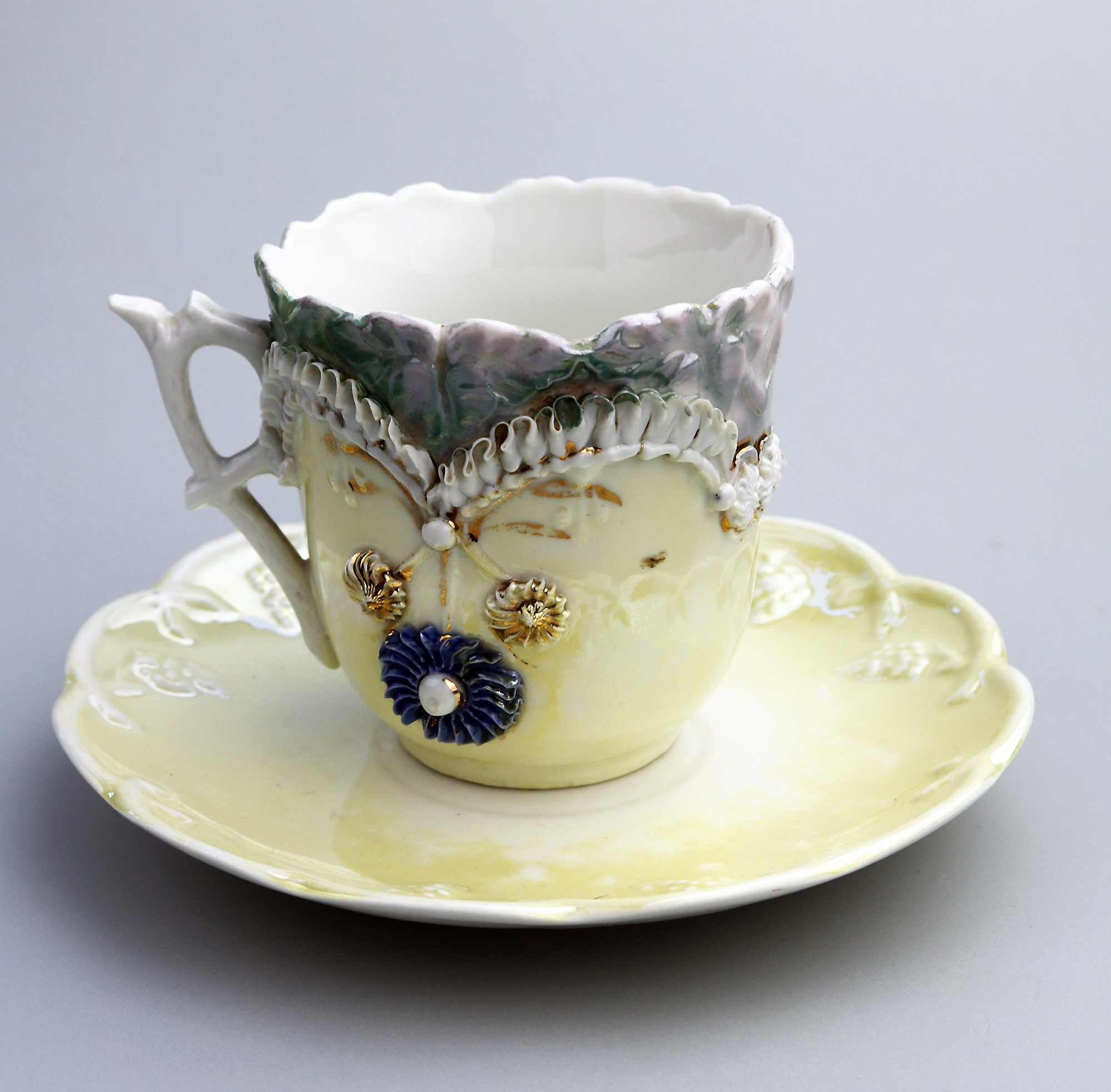 Attractive antique porcelain egg shell lustre Seaside Souvenir Ware Cup & Saucer C.19thC