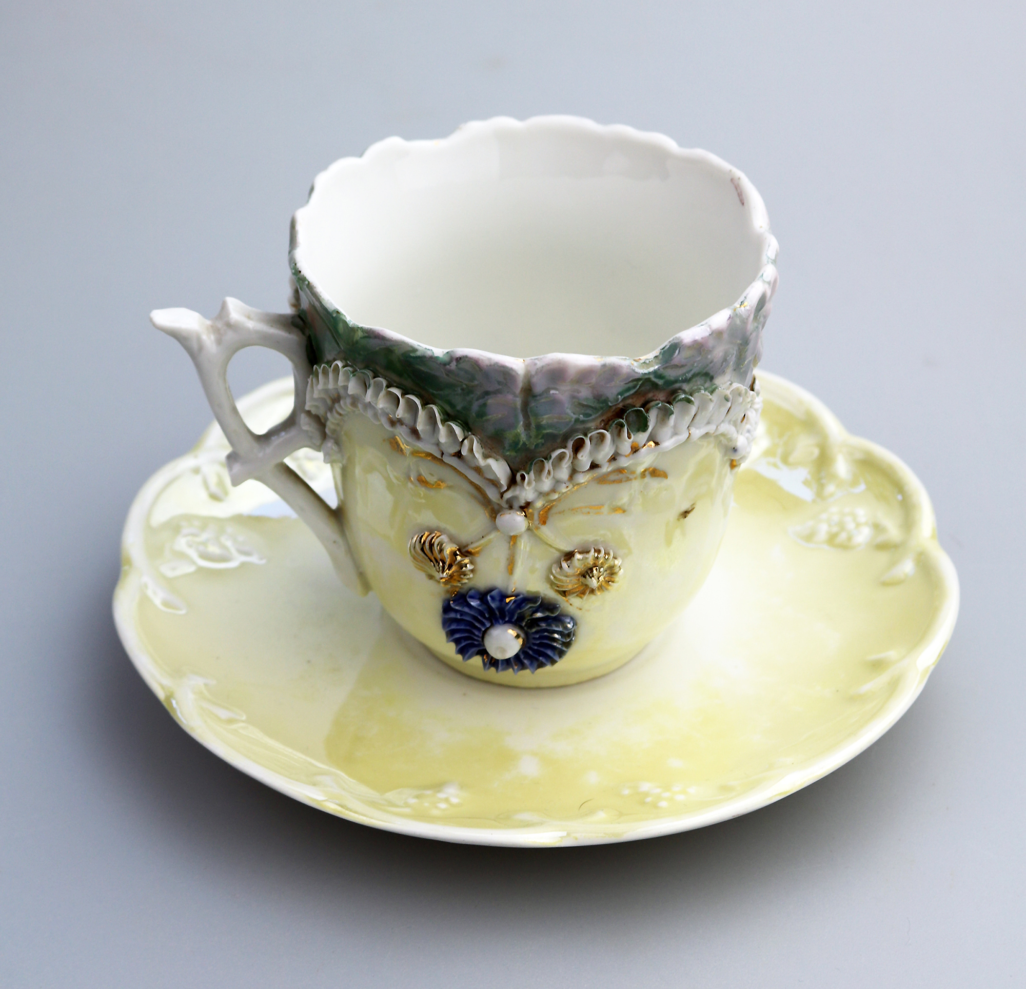 Attractive antique porcelain egg shell lustre Seaside Souvenir Ware Cup & Saucer C.19thC