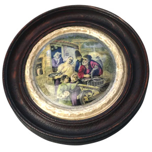 An antique framed English Prattware pottery Pot Lid The Fishbarrow C.19thC