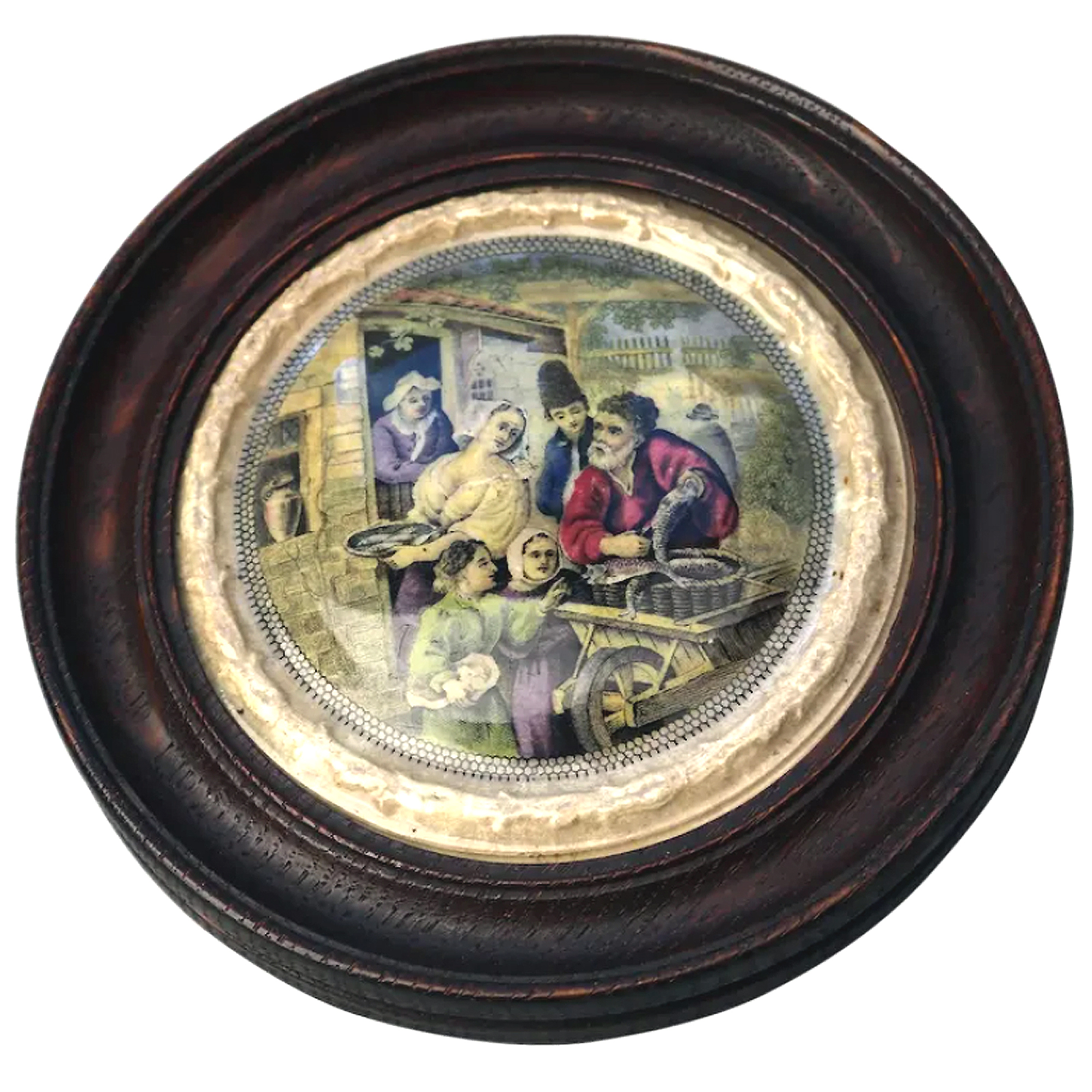 An antique framed English Prattware pottery Pot Lid The Fishbarrow C.19thC